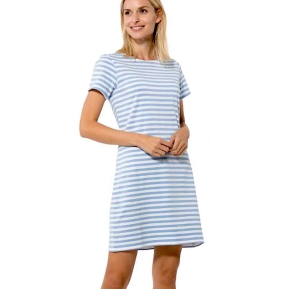 STS Sail to Sable Womens Sz M Striped Short Sleeve Shift Dress Blue White Preppy